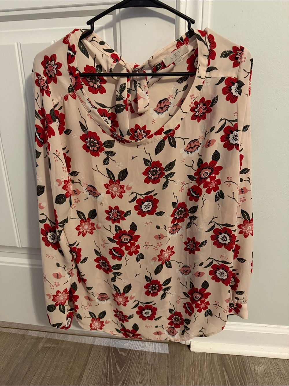 LOFT Cream Blouse with Red Floral Print and Green Leaves